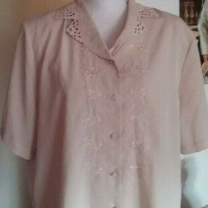 VOIR COLLECTION Women's Buttoned Blouse Embroidered Floral Beige Ladies Top - XL